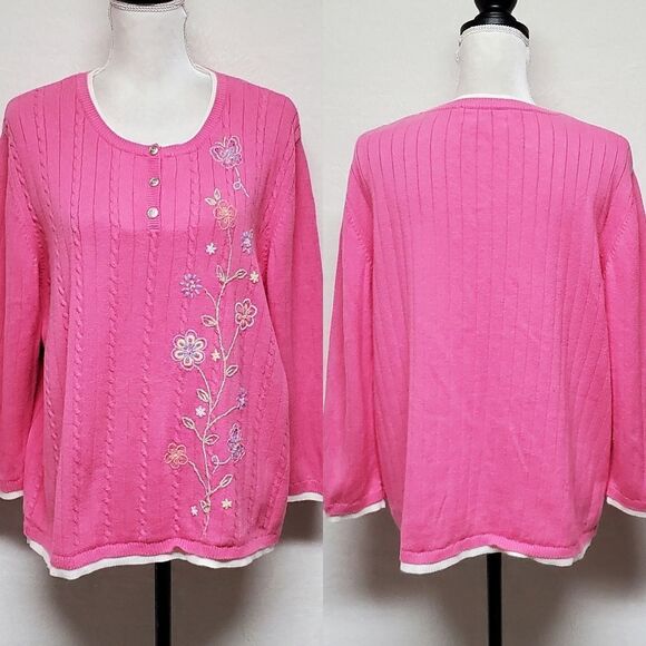 VINTAGE Pink Corded Ribbed Knit Beaded Butterfly Embroidered Layered Sweater - Picture 1 of 13